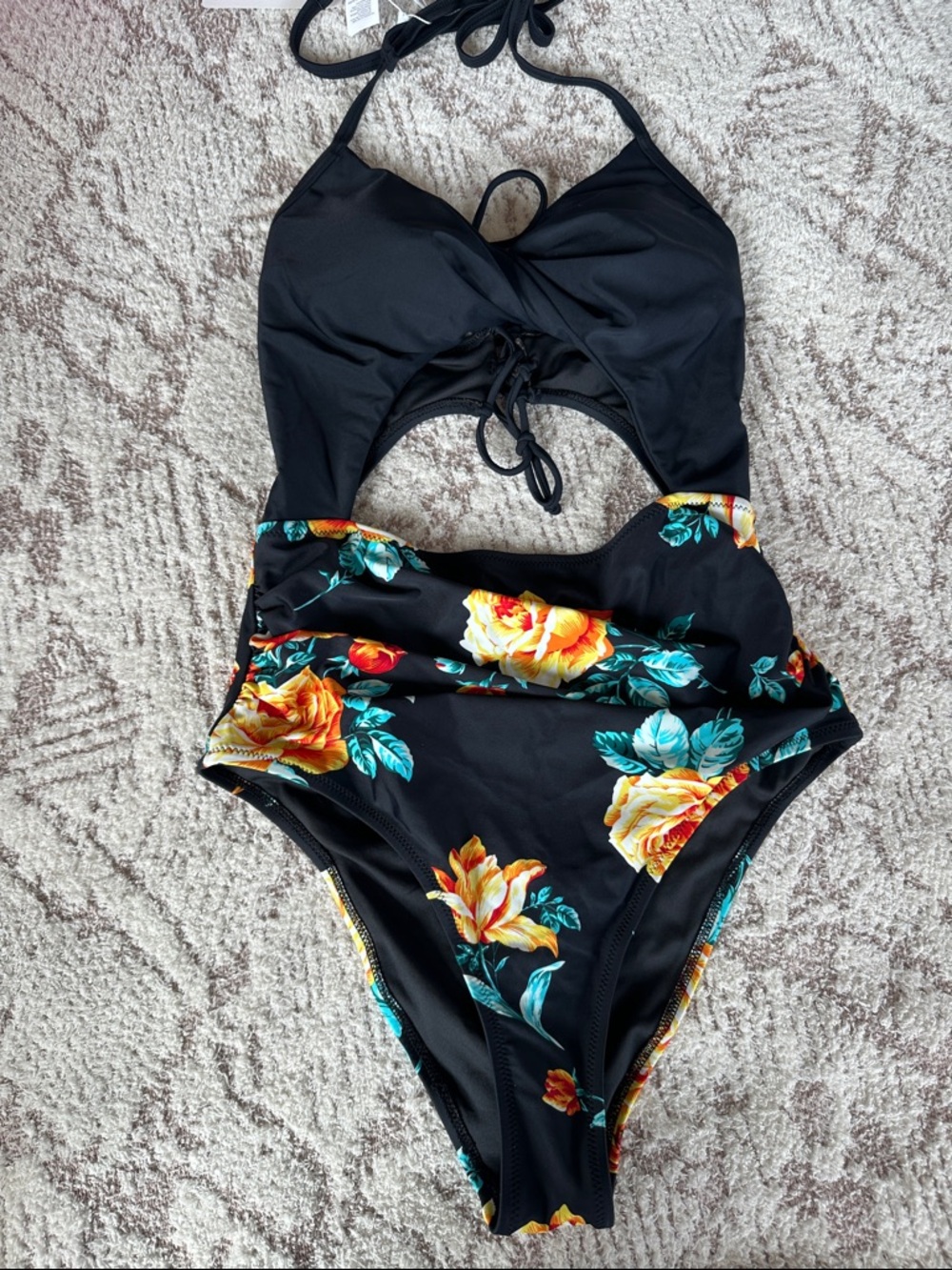 Black Floral Cutout One Piece Swimsuit | Lace-Up Back | Size M half off
